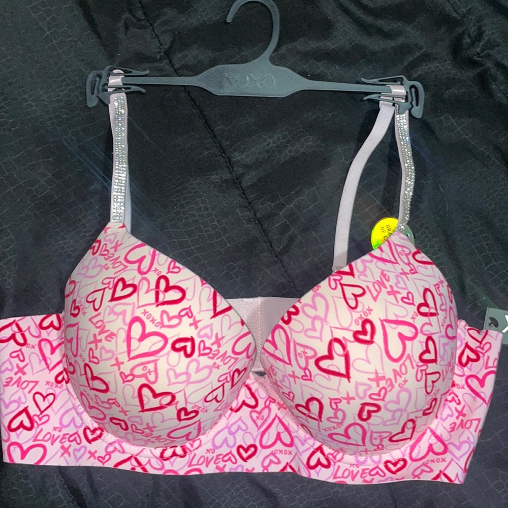 Pink xoxo push-up bra with rhinestone straps